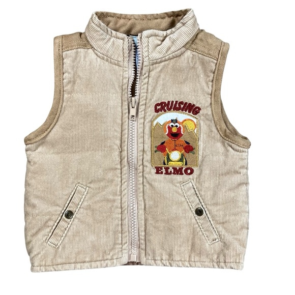 VTG Sesame Street Elmo Corduroy Vest 12 Months Tan Zippered Lightly Lined - Picture 1 of 7